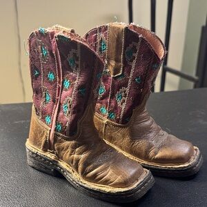 Roper Kids Brown & Burgundy Cowboy Boots with Turquoise Stitching